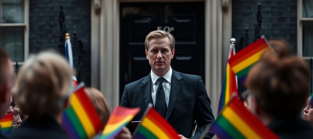 Premier Wielkiej Brytanii Keir Starmer podczas propagandowej imprezy z okazji Miesiąca Dumy LGBT w siedzibie rządowej przy Downing Street 10, symbolizujący bunt przeciwko Królestwu Chrystusa Króla.