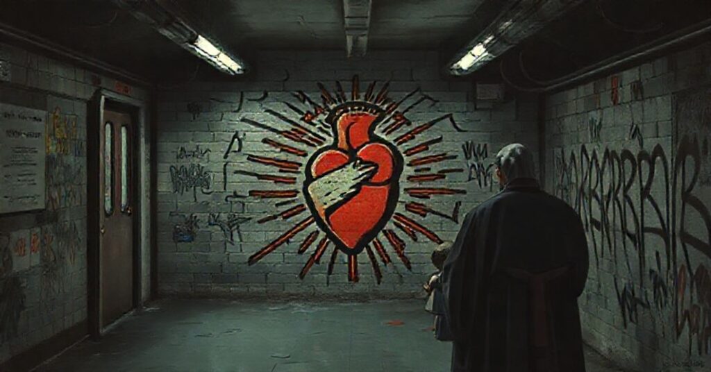 Somalny obraz przedstawiający mural Keithe Haringa w kontekście katolickiej krytyki jego sztuki jako promowania upadku moralnego.