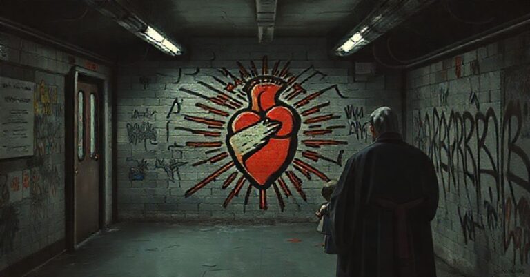 Somalny obraz przedstawiający mural Keithe Haringa w kontekście katolickiej krytyki jego sztuki jako promowania upadku moralnego.