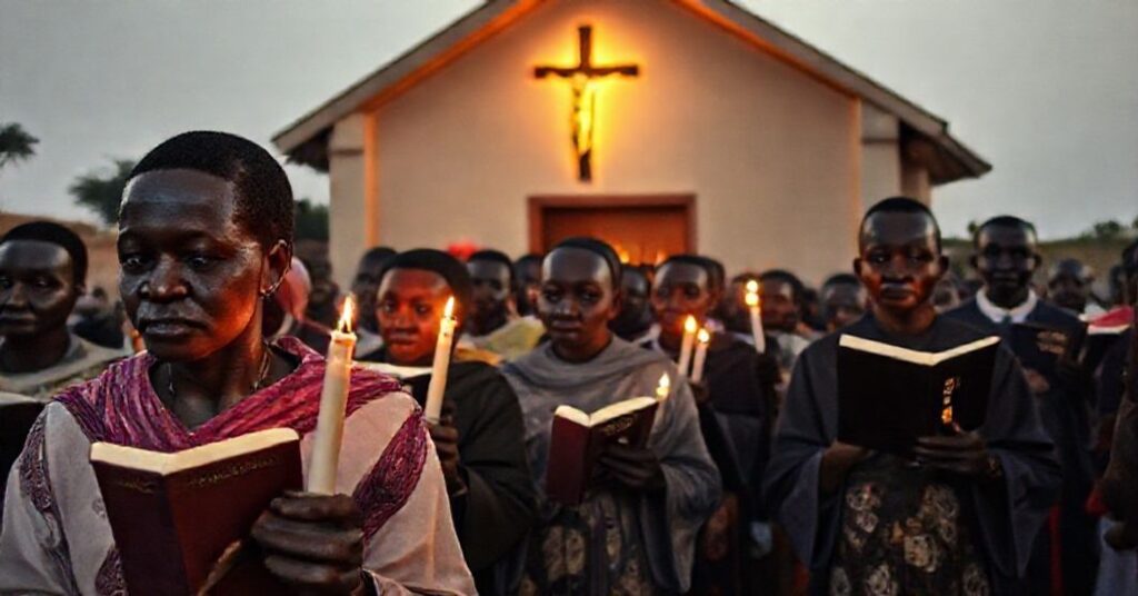 Procesja katolicka w Kenii z wiernymi trzymającymi świeczniki i modlitewniki, refleksja nad duchową pustką kultu liderów ludzkich.