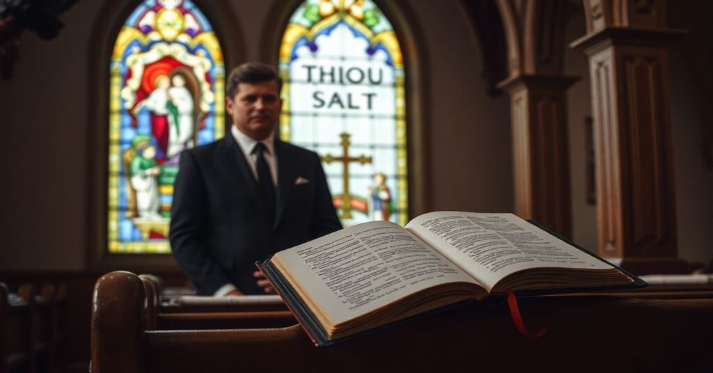 Sobór katolicki z witrażem przedstawiającym piąte przykazanie 'Nie zabijaj'. W tle widoczny jest Robert F. Kennedy Jr., który wyraża powagę bez duchowego fundamentu. Przy nim leży otwarta Biblia z cytatami z Księgi Wyjścia i Listu do Koryntian.