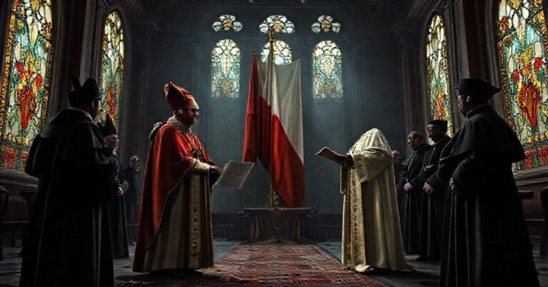 Arcybiskup Tadeusz Wojda w ręku podaje list anty papieżowi Leonowi XIV w Watykanie