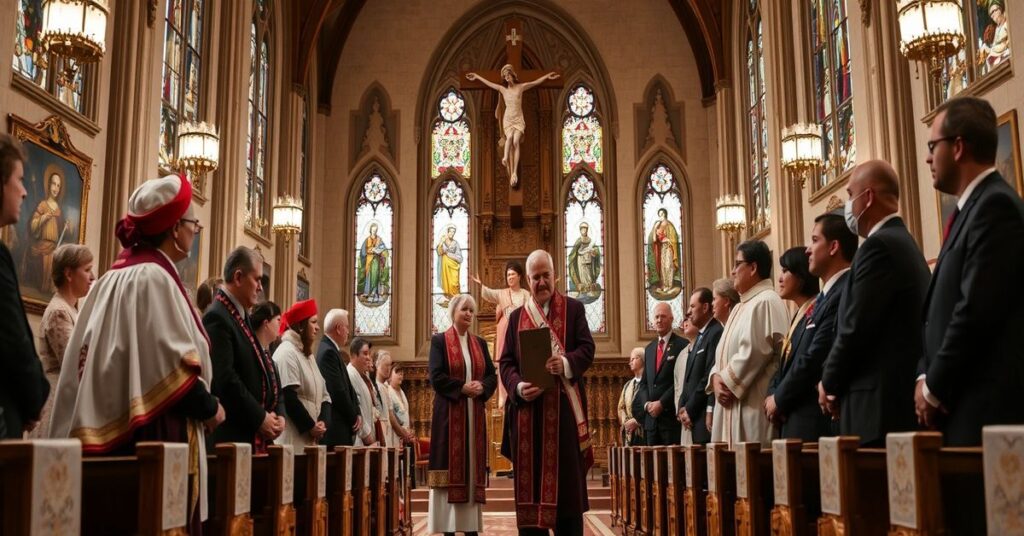 Wręczenie Nagrody im. Ks. Bp. Romana Andrzejewskiego przez Przewodniczącego KEP dr. Mateuszowi Szpytmie w tradycyjnym kościele katolickim.