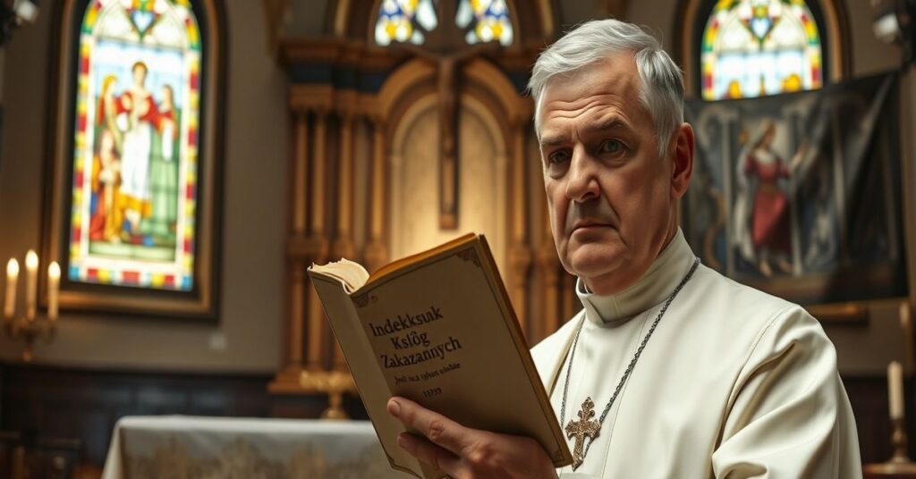 Tradycyjny ksiądz katolicki w stroju liturgicznym z czasów przed soborem watykańskim II trzyma zakazany Indeks Ksiąg z 1959 roku przed ołtarzem w kościele.