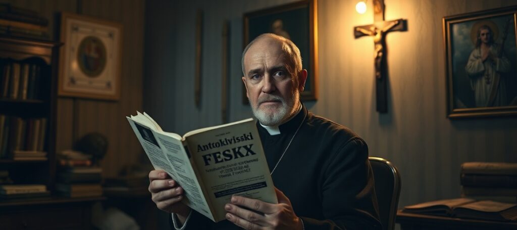 Portret Antoniego Kępińskiego w tradycyjnym katolickim wnętrzu z krucyfiksem w tle. Kontrast między psychologią a sakramentami.