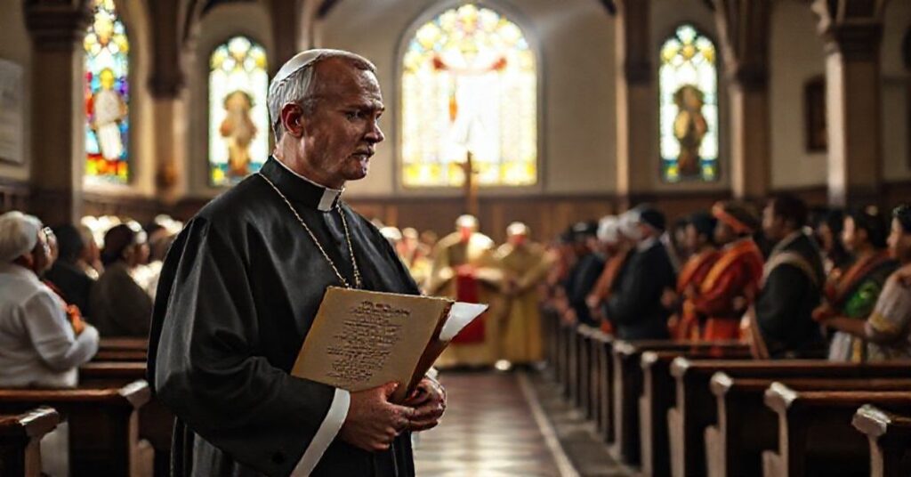 Ksiądz trzymający encyklikę „Divini Redemptoris” Piusa XI obserwuje ceremonię pojednania z rdzennymi mieszkańcami w kościele, symbolizując konflikt między prawem naturalnym a marksistowską inżynierią społeczną.