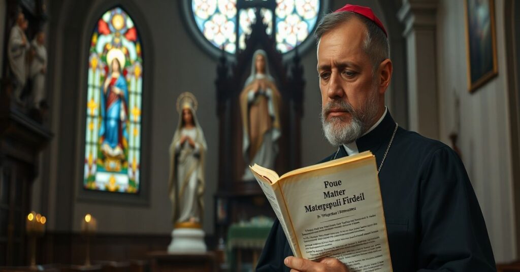 Ksiądz patrząc z smutkiem na statuę Matki Boskiej przy starym egzemplarzu dokumentu 'Mater Populi Fidelis' w tradycyjnej Sverze