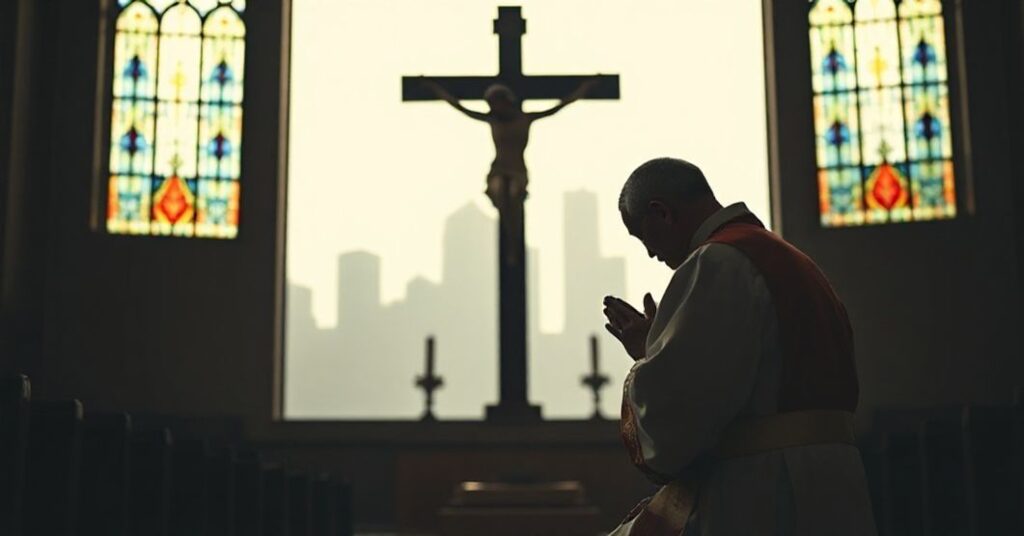 Katolicki ksiądz w tradycyjnych szatach modli się przed krucyfiksem, symbolizując duchowy opór wobec globalistycznej tyranii