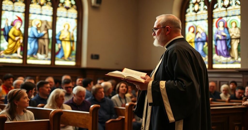 Ksiądz w tradycyjnym ornaty przemawia do zgromadzenia o grzechu obżarstwa i upadku moralnym. Wnętrze kościoła z witrażami przedstawiającymi sąd boski.
