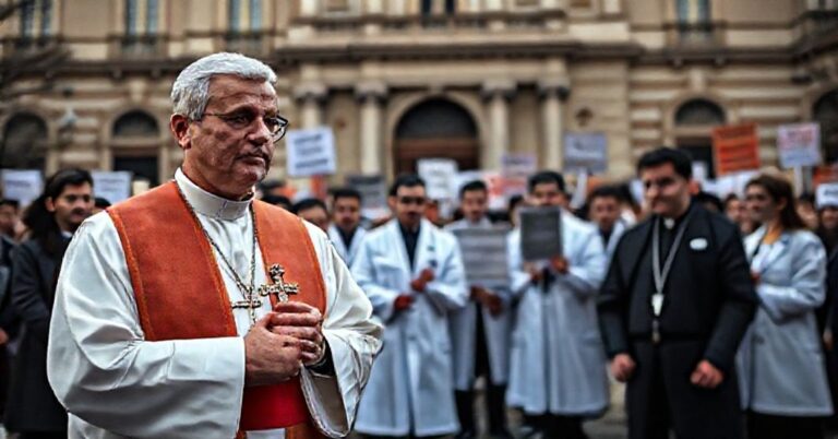 Ksiądz w tradycyjnych szatach kapłańskich przestaje przed budynkiem rządu hiszpańskiego z krzyżem podczas protestu przeciwko rejestrowi lekarzy pro-life.