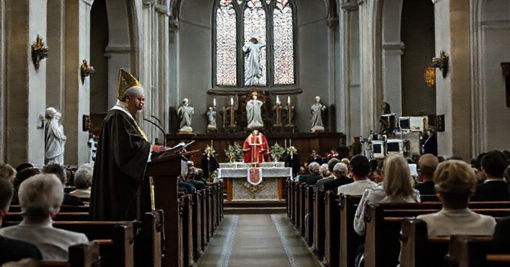 Kielce katedra - wydarzenie Dnia Wczesniaka z bp Piotrowskim na kazalnicy, modernistyczny ton, brak tradycyjnej pobożności