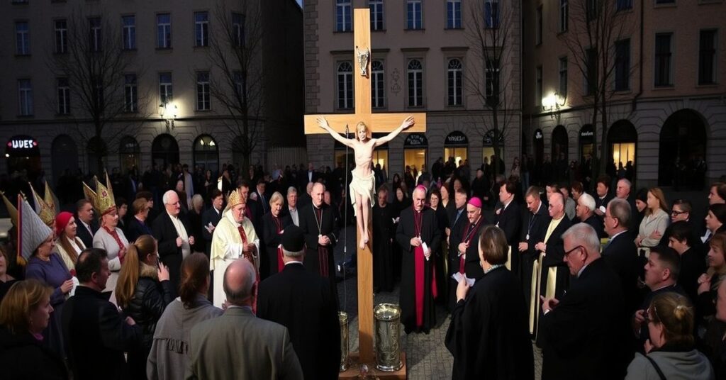 Zdjęcie przedstawiająca modernistyczną Drogę Krzyżową w Kielcach bez Chrystusa na krzyżu, prowadzoną przez biskupów Jan Piotrowskiego, Mariana Florczyka i Andrzeja Kaletę.