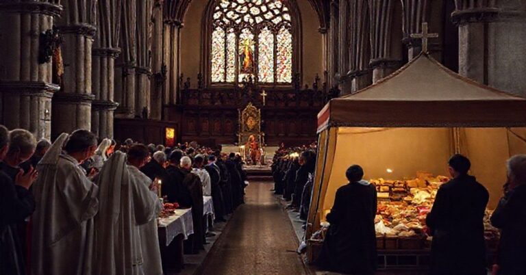Katolicka msza św. w katedrze kieleckiej z Namiotem Miłosierdzia obok - krytyka redukcji miłosierdzia do aktywizmu społecznego