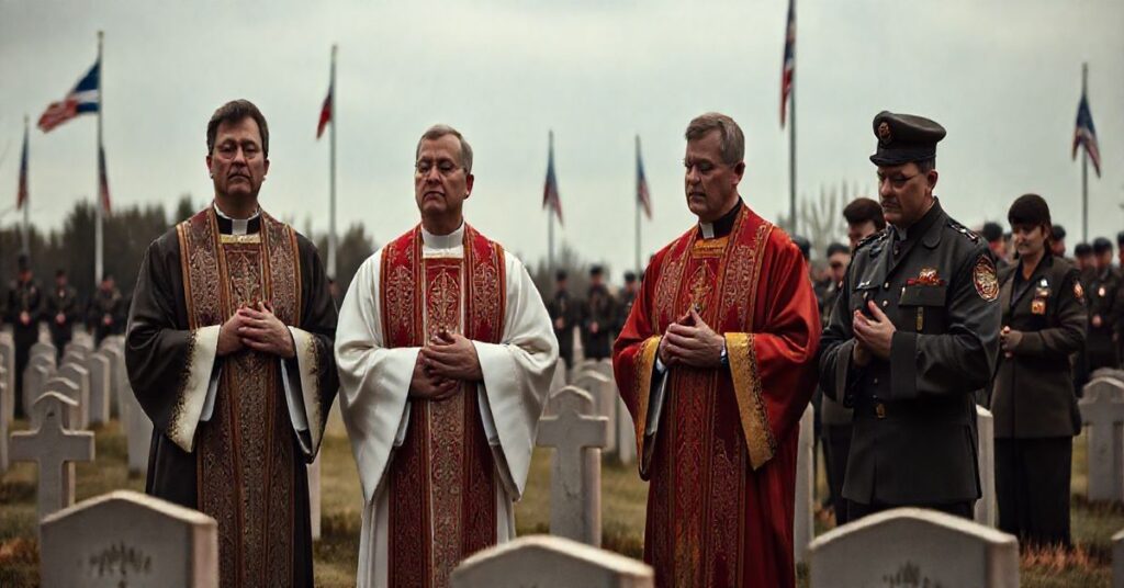Uczestnicy uroczystości na cmentarzu wojskowym w Kielcach, modlący się w tradycyjnej, katolickiej atmosferze podczas oficjalnej rocznicowej ceremonii