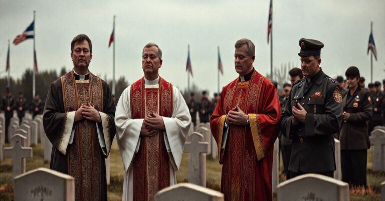 Uczestnicy uroczystości na cmentarzu wojskowym w Kielcach, modlący się w tradycyjnej, katolickiej atmosferze podczas oficjalnej rocznicowej ceremonii