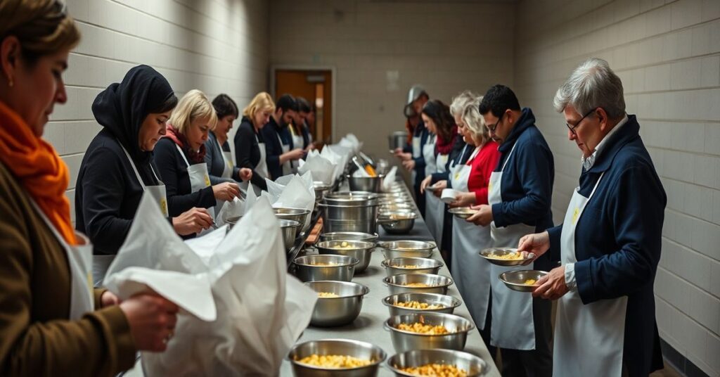Scena kuchni społecznej w Kielcach, gdzie Caritas obsługuje bezdomnych bez jakiejkolwiek duchowej opieki.