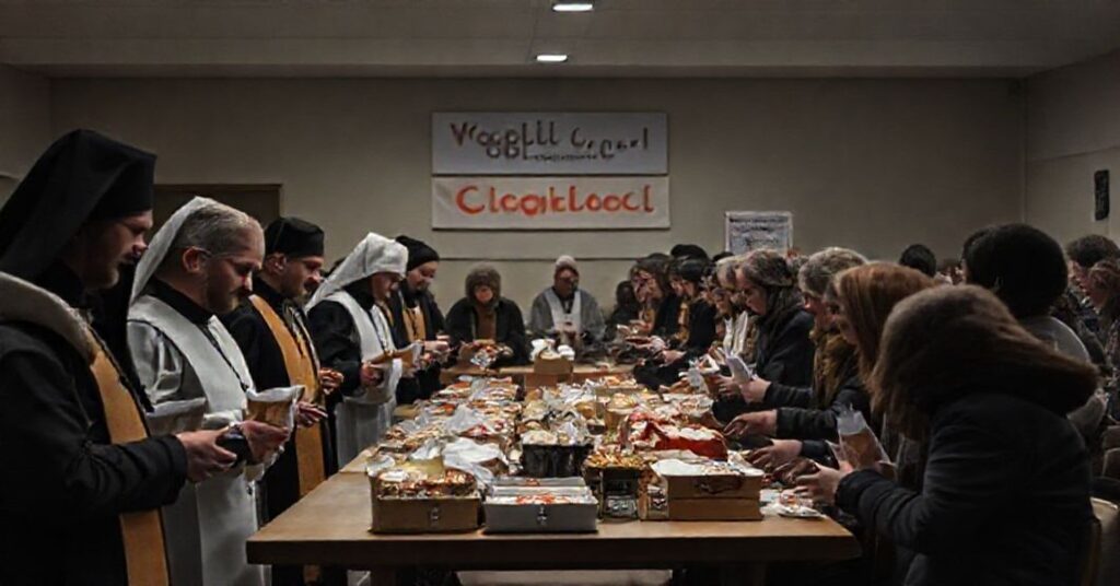 Realistyczny obraz przedstawiający wydarzenie organizowane przez Kielecką Caritas: rozdawanie pomocy materialnej w centrum komunity bez widocznych elementów sakramentalnych.