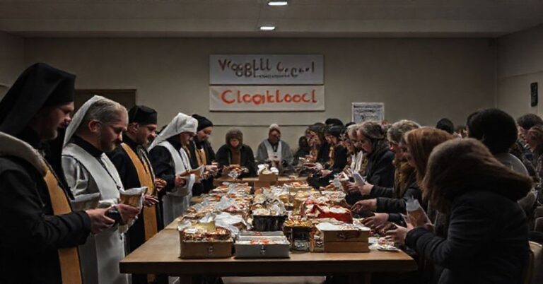 Realistyczny obraz przedstawiający wydarzenie organizowane przez Kielecką Caritas: rozdawanie pomocy materialnej w centrum komunity bez widocznych elementów sakramentalnych.