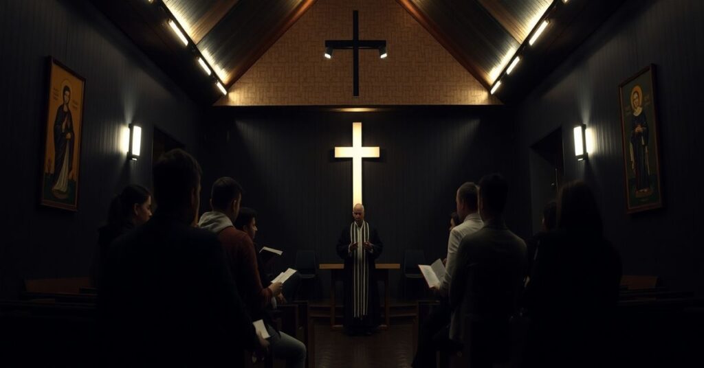 Ciemne wnętrze nowoczesnej kaplicy katolickiej w Kielcach z grupą młodych ludzi podczas dyskusji na temat psychologii pod przewodnictwem ks. Rafała Dudały.