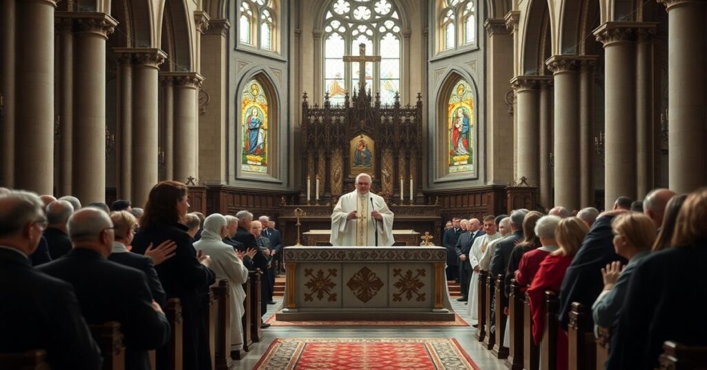 Wnętrze kieleckiej katedry podczas rzekomej mszy krzyżma z udziałem biskupa Jana Piotrowskiego i innych duchownych.