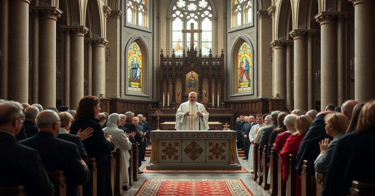 Apostazja w kieleckiej katedrze - modernaistyczna mistyfikacja sakramentów Wnętrze kieleckiej katedry podczas rzekomej mszy krzyżma z udziałem biskupa Jana Piotrowskiego i innych duchownych.