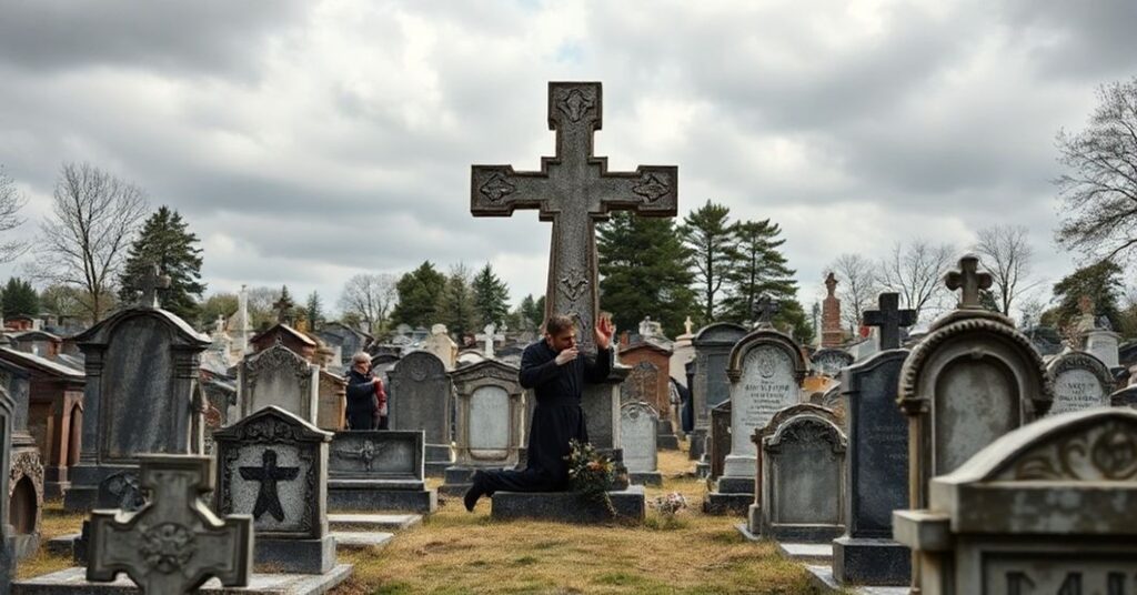 Prawdziwy katolicki kapłan modli się przed starym krzyżem na opuszczonym cmentarzu w Kielcach podczas gdy świeccy wolontariusze odnawiają nagrobki.