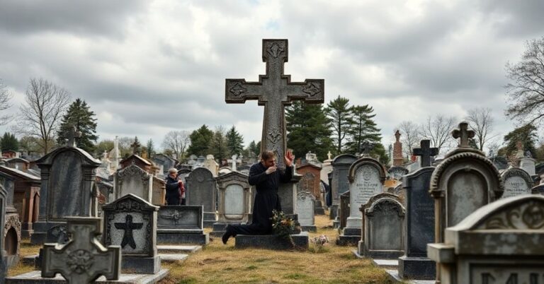 Prawdziwy katolicki kapłan modli się przed starym krzyżem na opuszczonym cmentarzu w Kielcach podczas gdy świeccy wolontariusze odnawiają nagrobki.