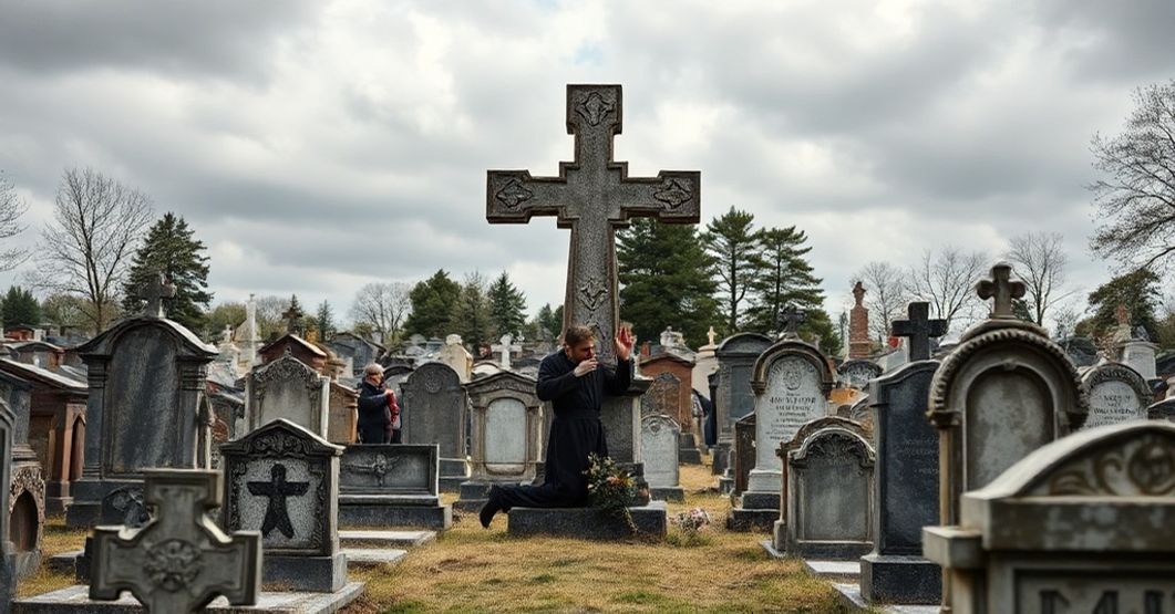 Prawdziwy katolicki kapłan modli się przed starym krzyżem na opuszczonym cmentarzu w Kielcach podczas gdy świeccy wolontariusze odnawiają nagrobki.