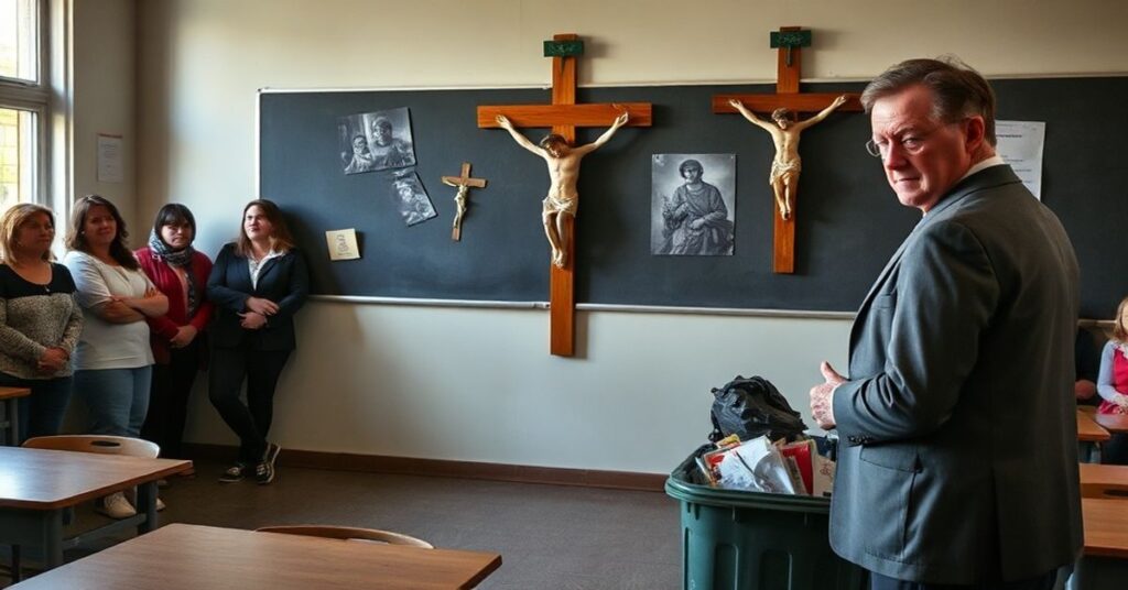 Sala szkolna w Kielnie z usuniętym krzyżem w koszu na śmieci, zrozpaczona nauczycielka i rodzice