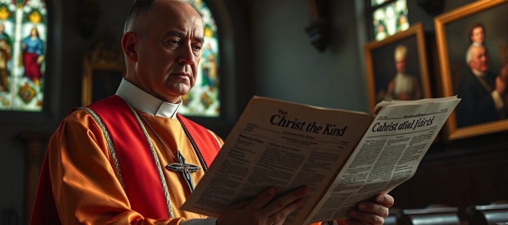 Przerażony katolicki ksiądz w tradycyjnych szatach liturgicznych trzymający gazetę z nagłówkiem o Nagrodzie 'Ślad' w ciemnym kościele