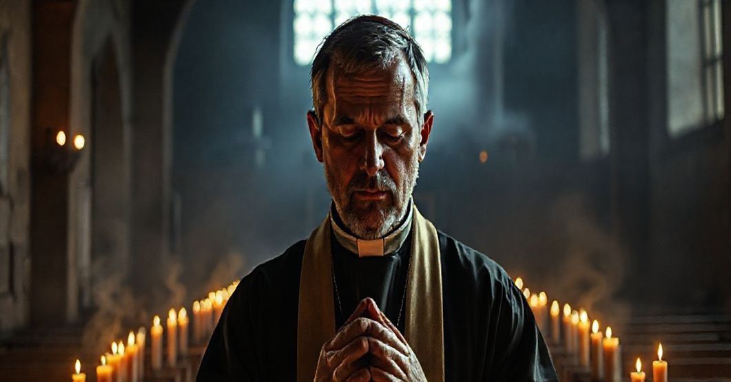 Katolicki ksiądz modli się w kościele przy świetle świec, na tle zanieczyszczenia środowiska. Symbolizuje konflikt między materializmem a boską sprawiedliwością.