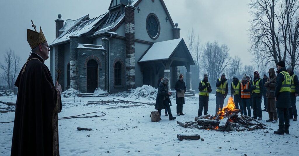 Scena w zniszczonym Kościele w Kijowie w 2026 roku: kapłan katolicki modli się wśród ludności cierpiącej z powodu kryzysu humanitarnego