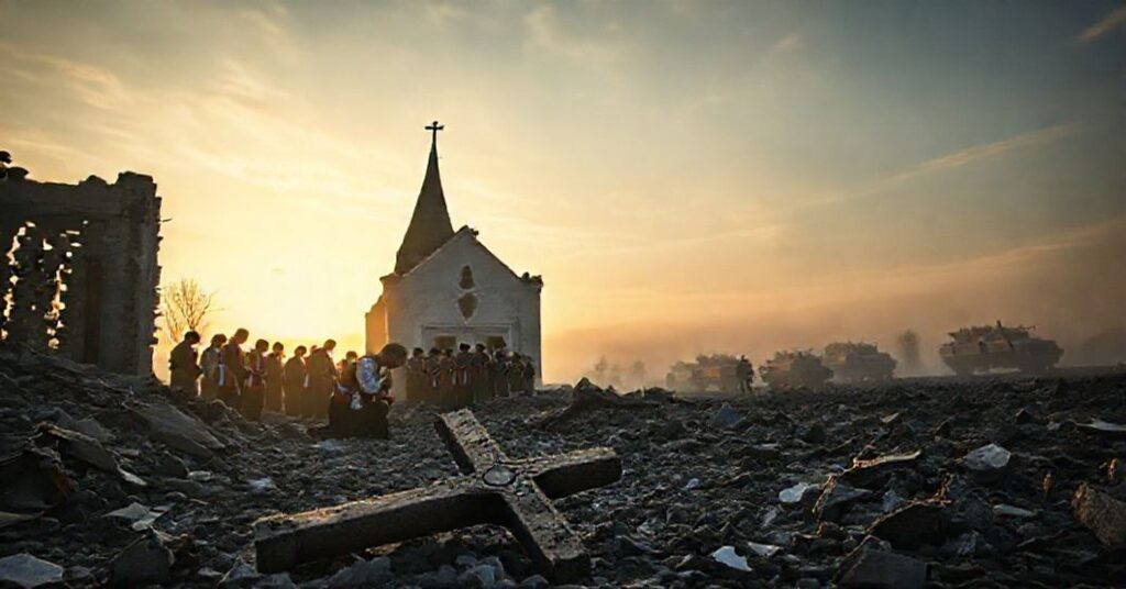 Zniszczony kościół katolicki w Kijowie z przewróconym krzyżem na ziemi po rosyjskim ataku. Pewna grupa modlącego się w ruinach