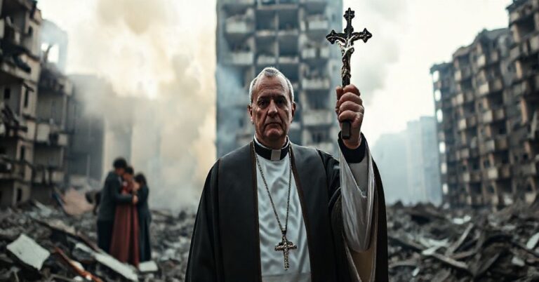 Książ w tradycyjnych szatach liturgicznych stoi w ruinach zniszczonego budynku mieszkalnego w Kijowie, trzymając krzyż w górę. Na tle widoczna jest dym i widać przypominająca się o pokoju rodzinę. Scena jest oświetlona miękkim światłem podkreślającym kontrast między świętym a profanum. Twarz księdza wyraża głęboki smutek i moralne oburzenie.