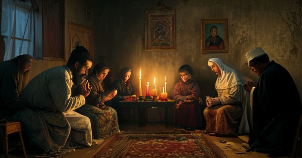 Rodzina ukraińska modli się w ciemnych pomieszczeniach Kijowa z kapłanem udzielającym sakramentu namaszczenia