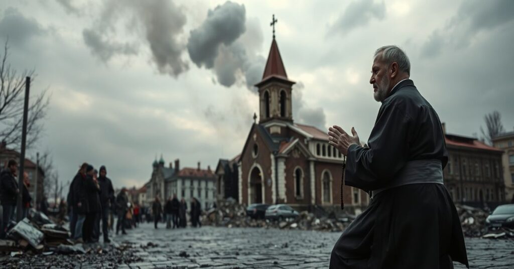 Zniszczone ulice Kijowa po rosyjskim ataku rakietowym i dronowym. Kapłan w tradycyjnym habitcie modli się przed uszkodzoną kościołem.