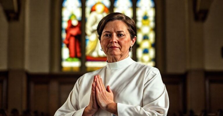 Portret Kim Davis w tradycyjnym wnętrzu kościoła, modlącej się przed witrażem przedstawiającym sakrament małżeństwa