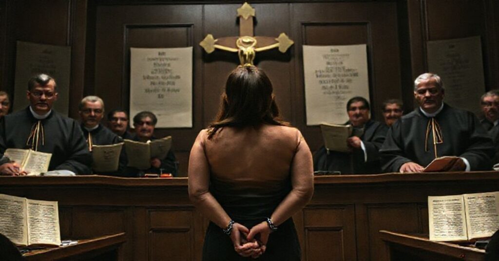 Kim Davis w rękach służby w tradycyjnym katolickim sądzie z tekstami łacińskimi z Prawa Kanonicznego i krzyżem na tle.