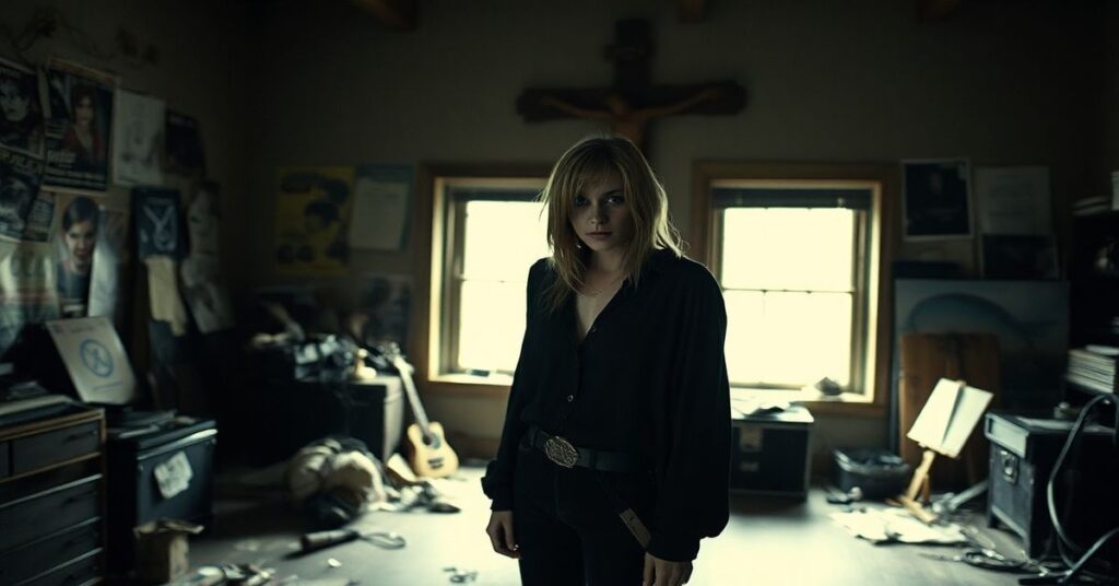 Portret Kim Gordon w ciemnym pokoju z rozbitym krzyżem na tle