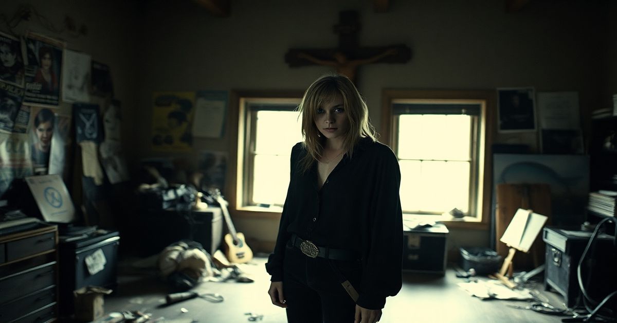 Portret Kim Gordon w ciemnym pokoju z rozbitym krzyżem na tle