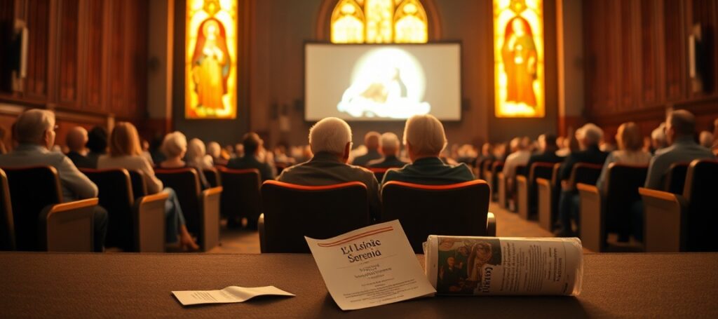 Para starszych Polaków w pustej sali kinowej podczas seansu filmu propagującego fałszywe objawienia fatimskie i kult oszusta Padre Pio w ramach cyklu 'Lato z Rafaelem'