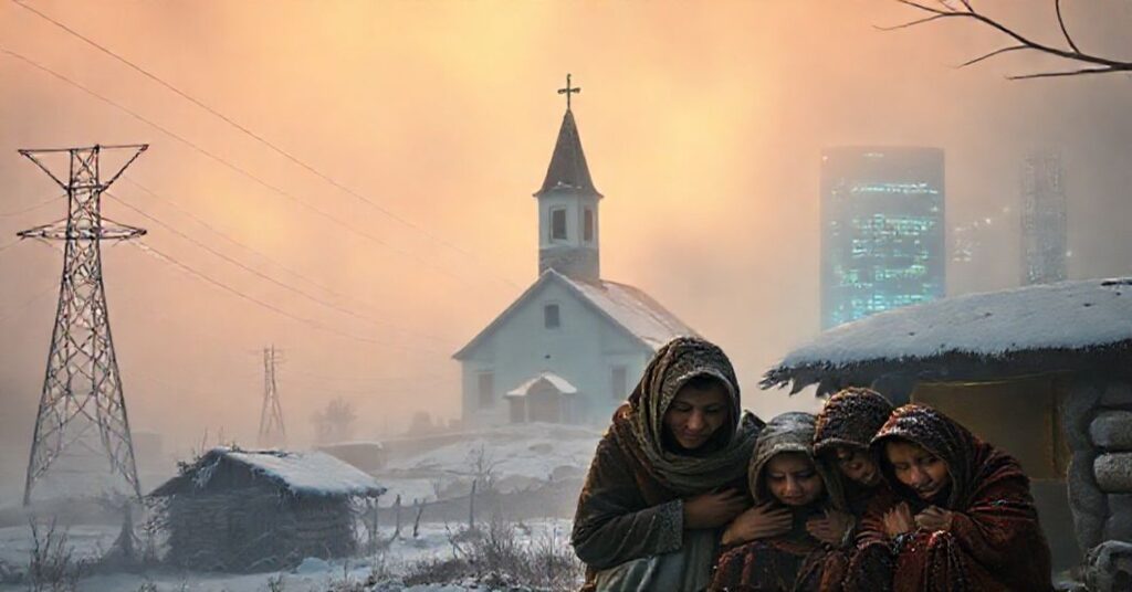 Rodzina kirgiska w ciemnym domu podczas kryzysu energetycznego, obok stara kościół w mgle zanieczyszczeń.