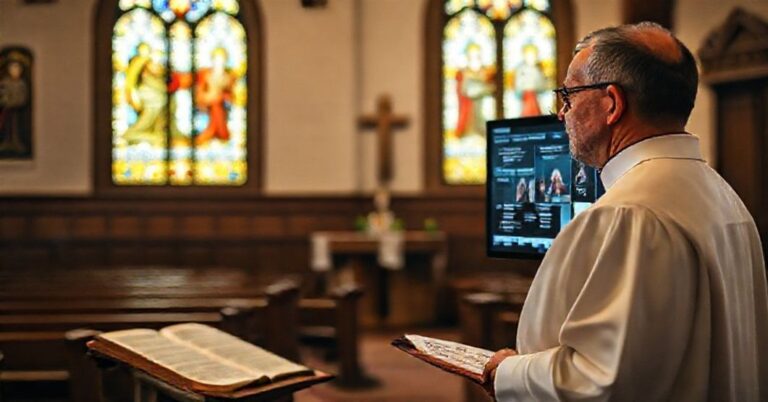 Ksiądz w tradycyjnych szatach kościelnych znamionuje strukturę cyfrową zagrożenia dla dzieci w internecie w kościele