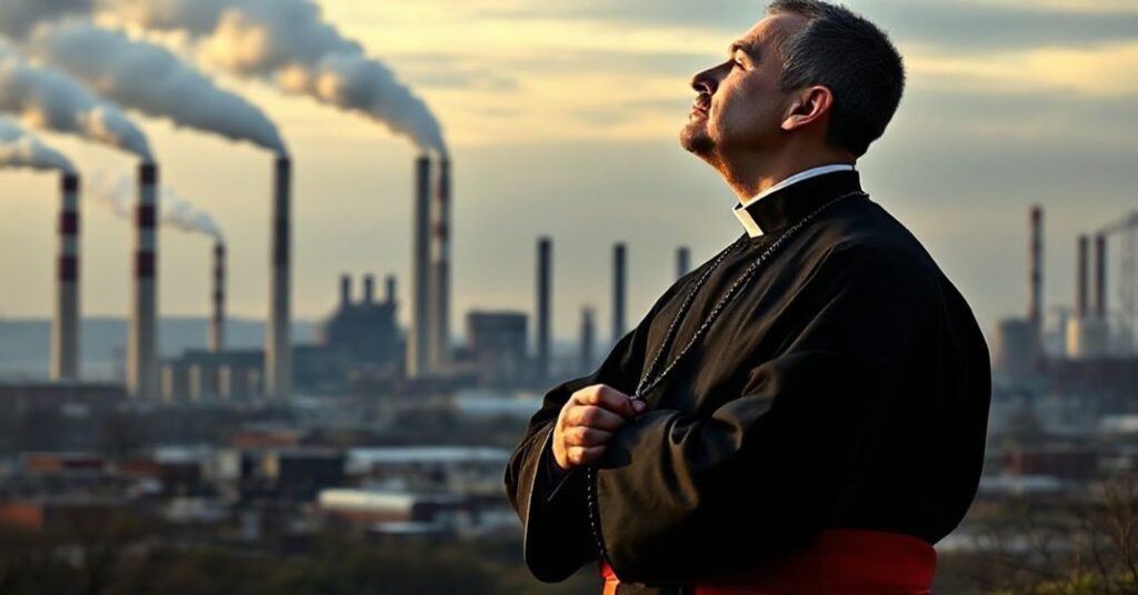 Książ katolicki w tradycyjnych szatach liturgicznych stojący przed przemysłowym krajobrazem, trzymający rłaśce i patrzący na niebo z refleksyjnym wyrazem twarzy.