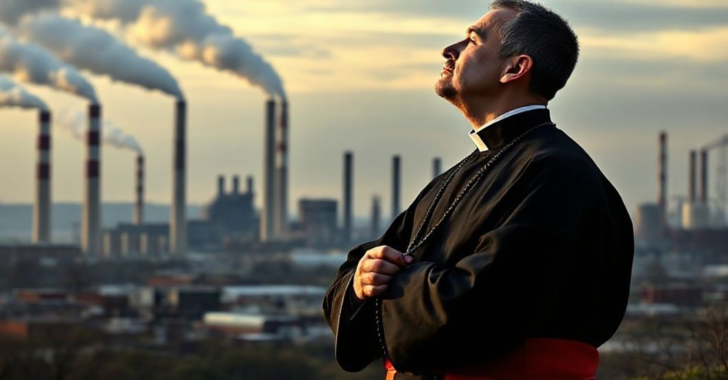 Książ katolicki wobec Zielonego Ŋd Książ katolicki w tradycyjnych szatach liturgicznych stojący przed przemysłowym krajobrazem, trzymający rłaśce i patrzący na niebo z refleksyjnym wyrazem twarzy.