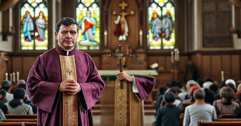 Ksiądz w tradycyjnym stroju liturgicznym przed ołtarzem kościelnym z krucyfiksem, z tłem grupy modlącej się migrantów. Scena jest oświetlona delikatnym światłem witraży z Chrystusem Królem.