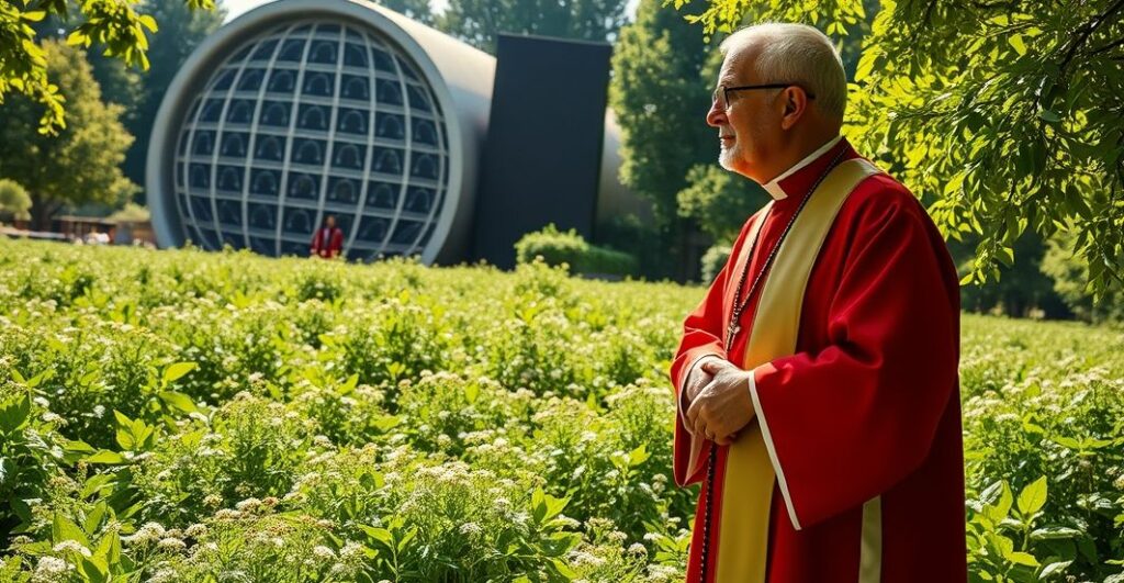Ksiądz w tradycyjnych szatach liturgicznych stojący w ogrodzie z rosariuszem, patrzący na bank nasion, symbolizujący odrzucenie Opatrzności Bożej przez nowoczesne kulty klimatyczne.