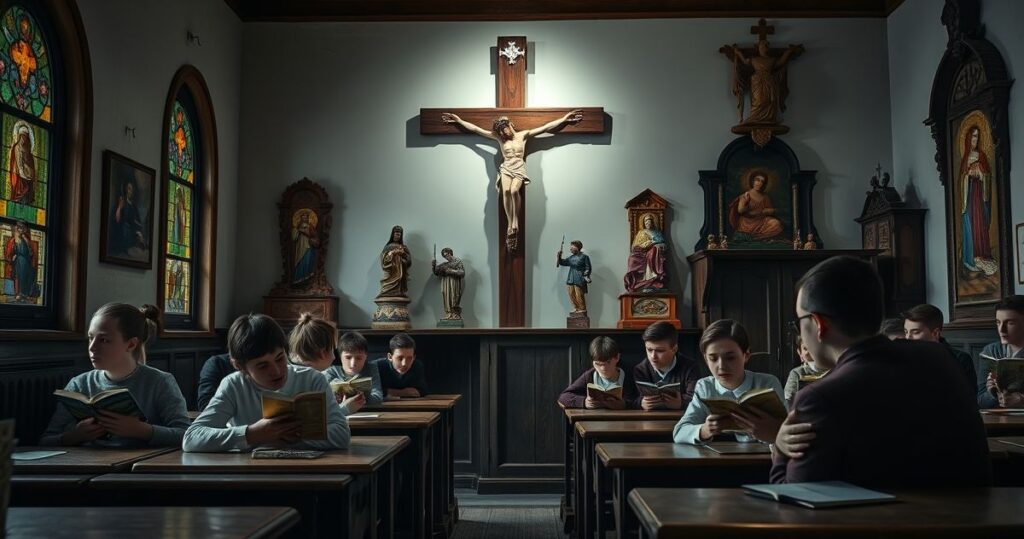 Klasa katolicka w Austrii z krzyżem i symbolami religijnymi, ukazująca odchodzenie od wiary i wpływ sekularyzacji na młode pokolenie