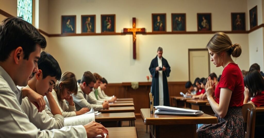 Tradycyjna klasa katolicka z uczniami modlącymi się i uczącymi się pod kierunkiem księdza w ornaty. Matka modli się z dzieckiem przy ołtarzu.