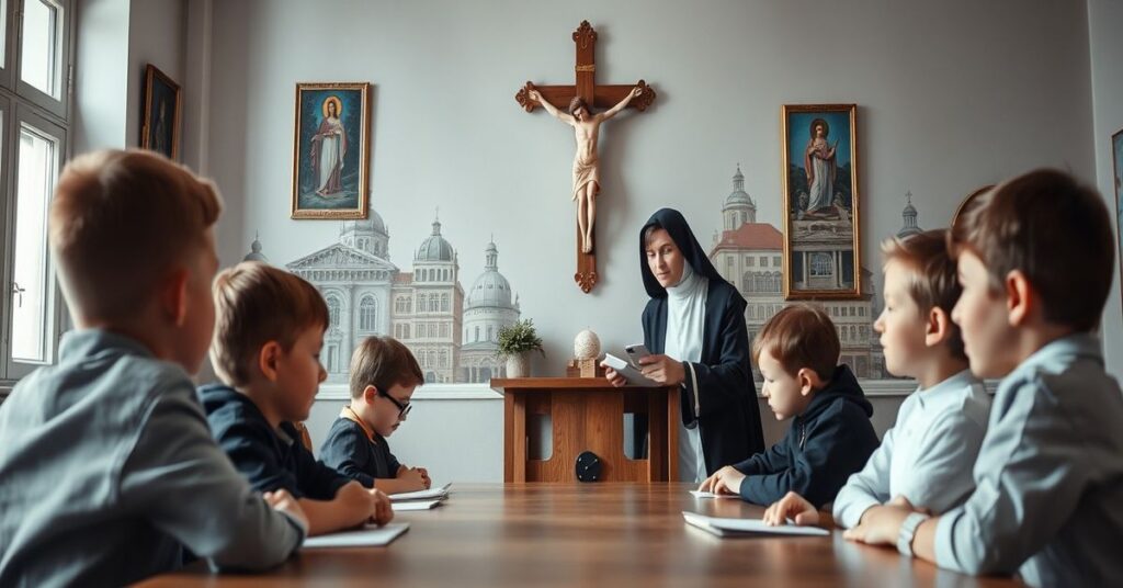 Sobólna klasa katolicka z tradycyjnymi symbolami religijnymi i nauczycielką w habicie nauczającą dzieci o zagrożeniach cyfrowej apostazji.